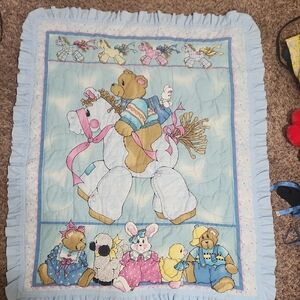Jelly Bean Junction Vintage Handmade Baby Quilt Chambray Ponies. Bear, Rabbit,